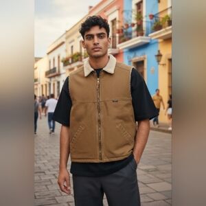 Wolverine Canvas Sherpa Lined Work Vest Jacket Sleeveless Brown Men's Sz L